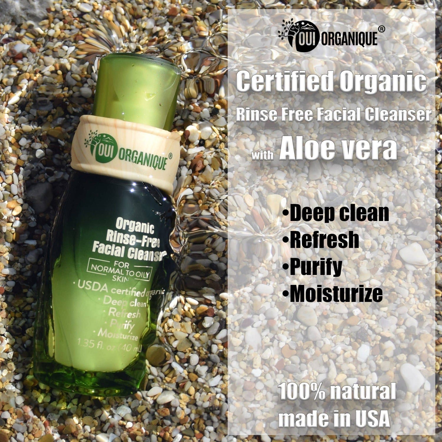 OUI ORGANIQUE green bottle on pebbles Organic Rinse Free Facial Cleanse Aloe vera All in 1 Skin freshener Baby's wipe