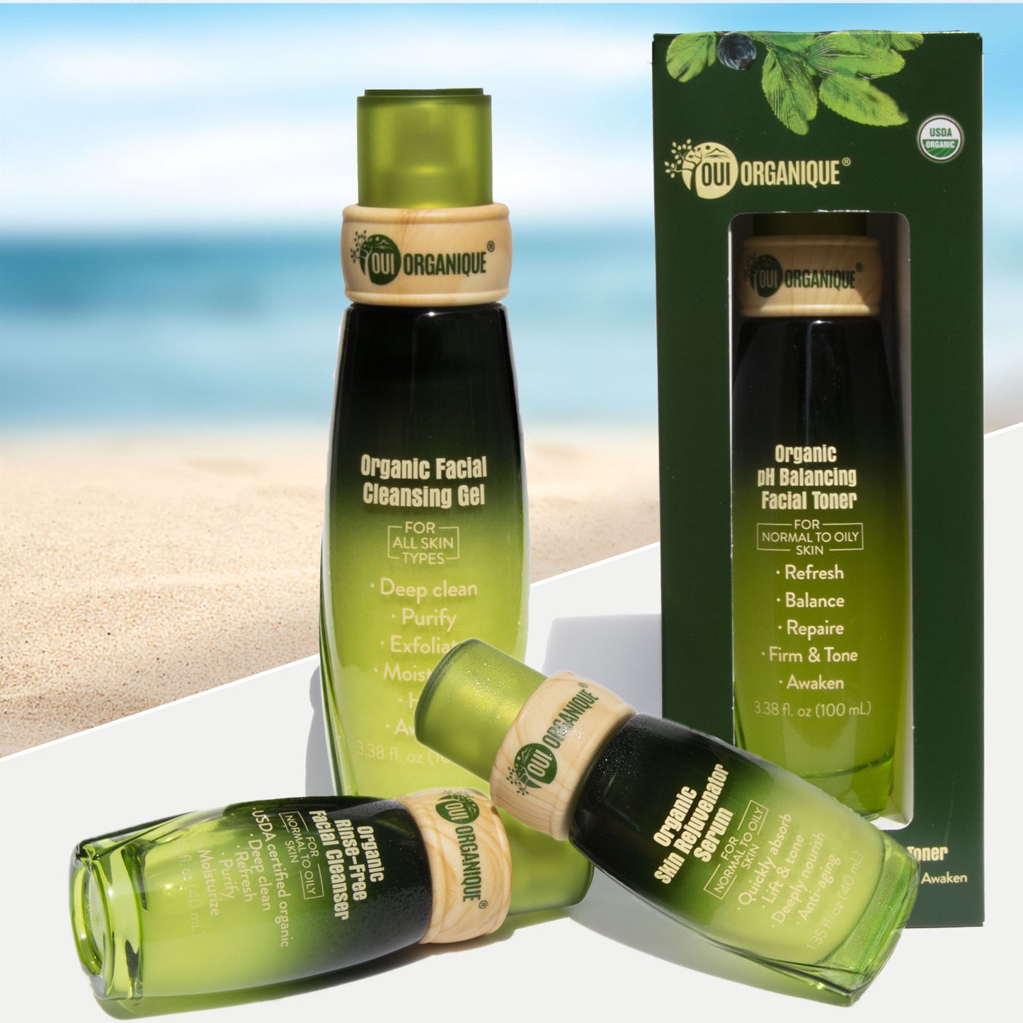 OUI ORGANIQUE green organic facial cleanser and balancing toner set on beach background natural sunscreen alternative skin care